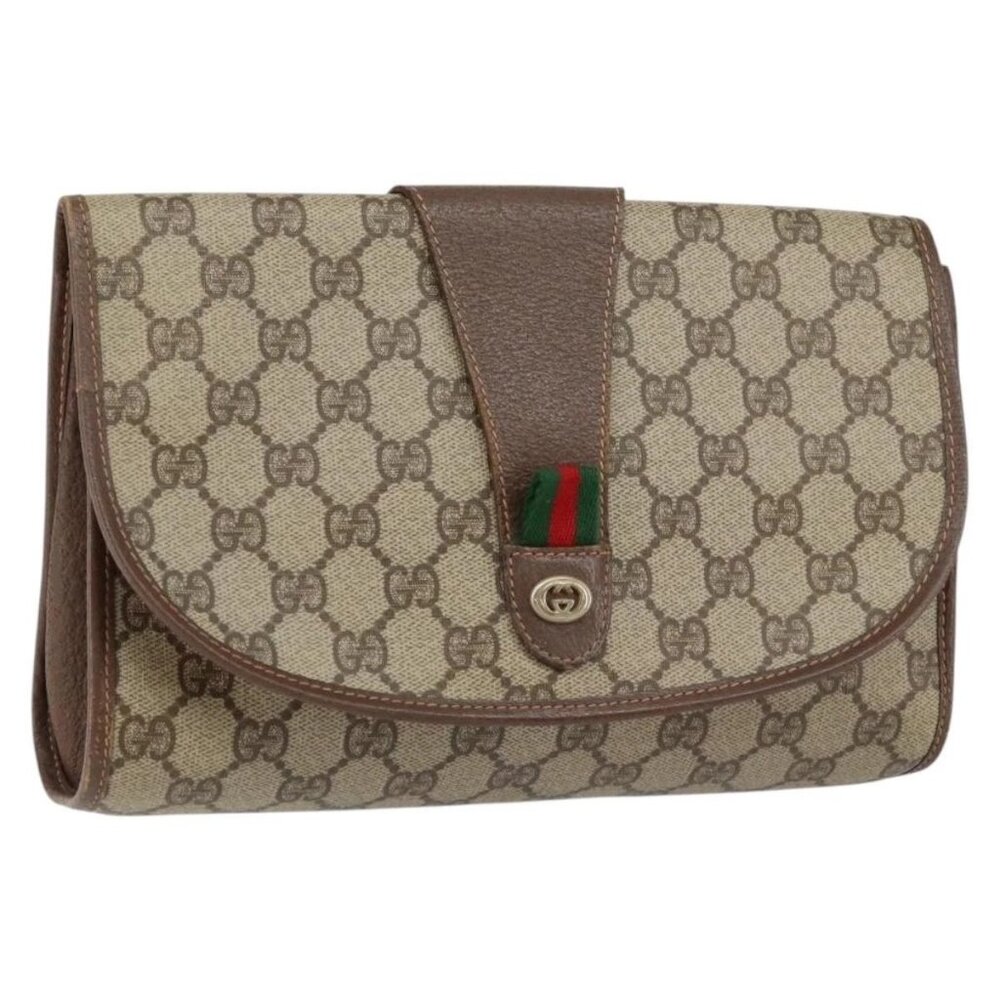 GUCCI GG Supreme Web Sherry Line Clutch Bag PVC Red Beige Auth 154661